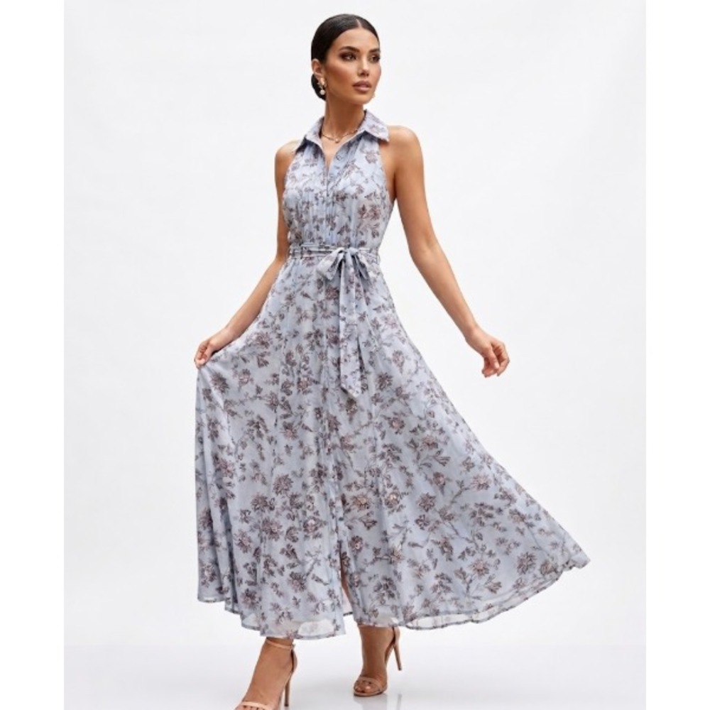 Sachin & Babi maxi dress blue 2 Small Floral Sleeveless belted linen blend- Read